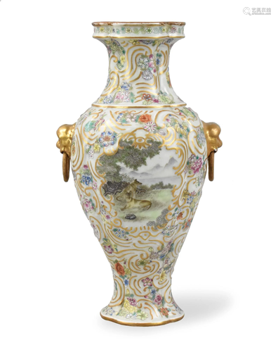 Chinese Gilt Enamel Vase w/ Bunny & Fox,ROC Period