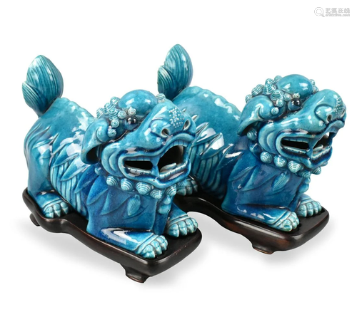 Pair of Peacock Glazed Foo Lion Figures, ROC P.