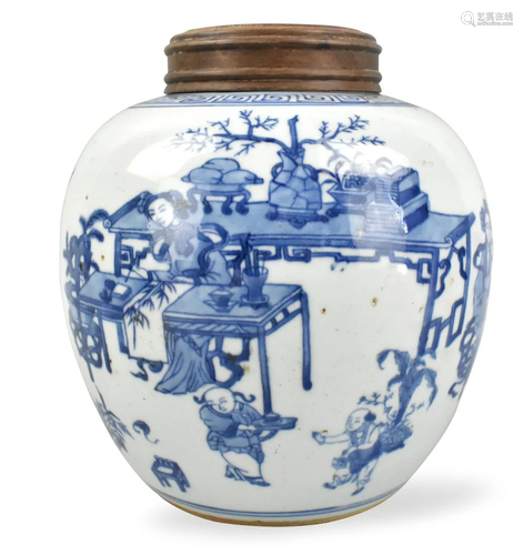 Chinese Blue & White Jar w/ Figures, 19th C.