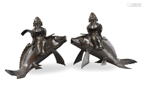 Pair Chinese Bronze Incense Burner w/ Carp&Scholar