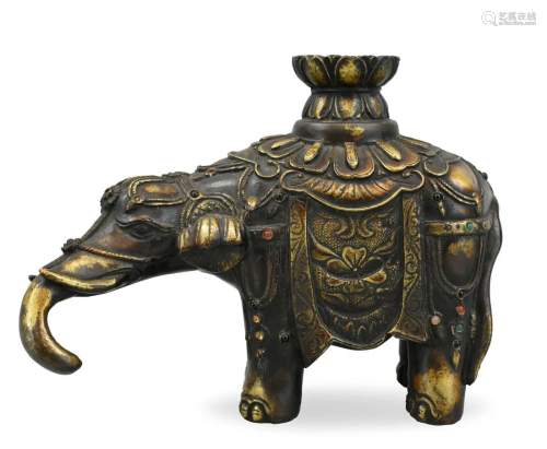 Chinese Gilt Bronze Elephant Inlaid w/Jewel,19th C
