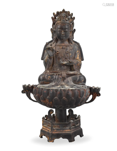 Chinese Gilt Bronze Guanyin Figure &Stand, Ming D.