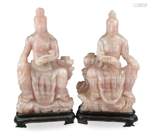 2 Large Chinese Pink Quartz Guanyin Figure & Stand