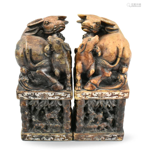 Pair Large Chinese Soapstone Carved Seal, Qing D.