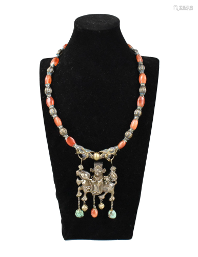 Chinese Silver Necklace w/ Agate& Turquoise,Qing D