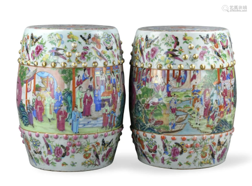 Pair Chinese Porcelain Canton Garden Stools,19th C