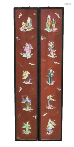 2 Chinese Lacquer Panel w/ Porcelain Figure,19th C