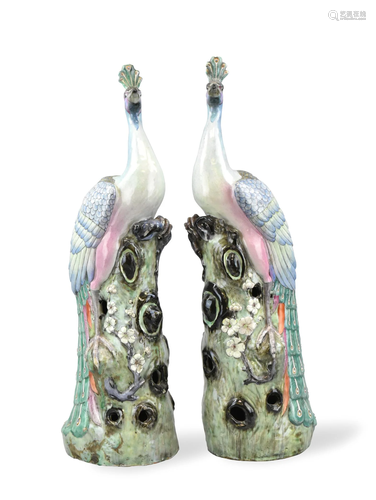 Pair Chinese Famille Rose Peacock Figures, 19th C.