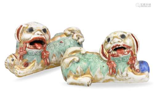 Pair Chinese Famille Rose Foo Dog Figures, 19th C.