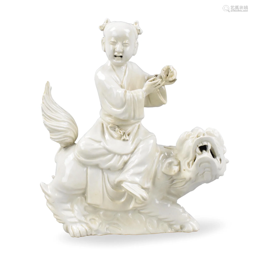 Chinese White Glazed Porcelain Boy on Lion Figure