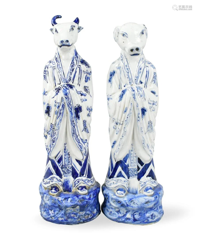 2 Chinese Blue & White Zodiac Porcelain Figure