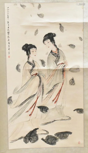 "Fu BaoShi",Chinese Scroll Painting of Two Ladies