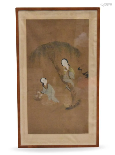 Chinese Framed Silk Painting of Two Lady, Qing D.