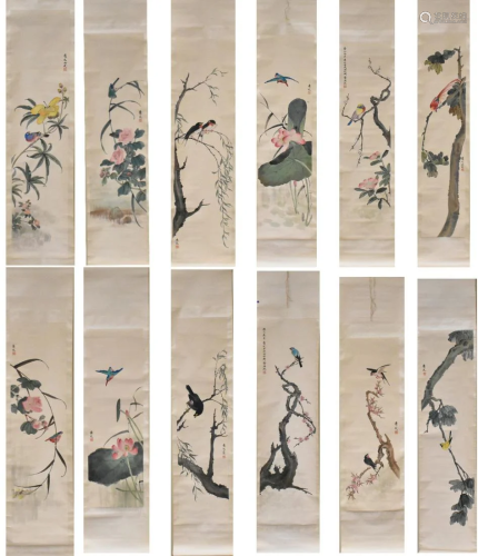 12 Chinese Scroll Painting of Birds,by "Xiuwen Li"