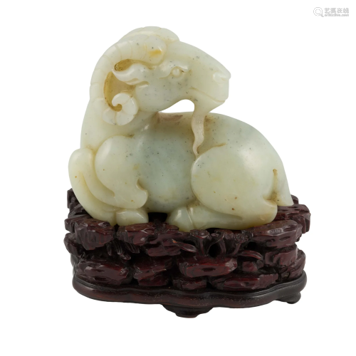 FINE CARVED WHITE JADE OF A SHEEP ON STAND