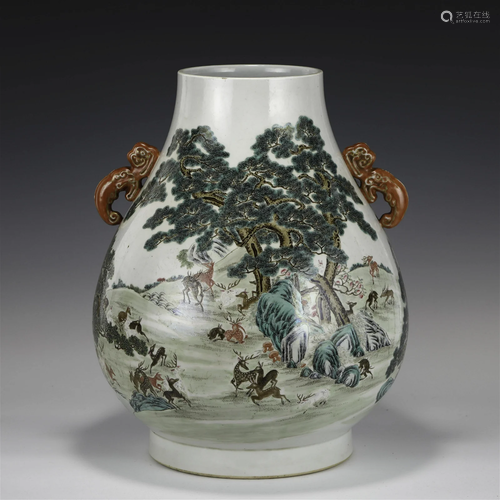 QING AMILE ROSE HUNDRED DEER ZUN VASE