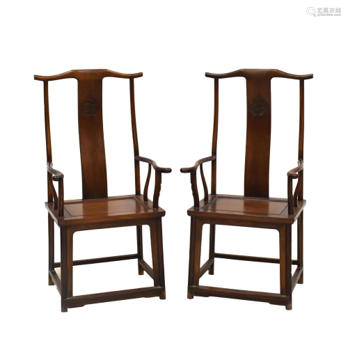 PAIR HUANGHUALI CARVED OFFICER HAT ARM CHAIRS
