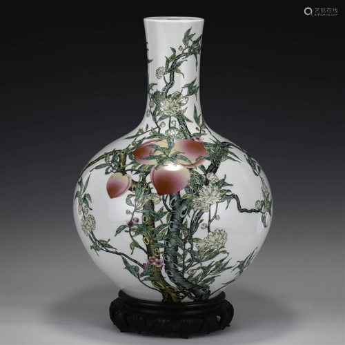 QING NINE PEACH CELESTIAL VASE ON STAND