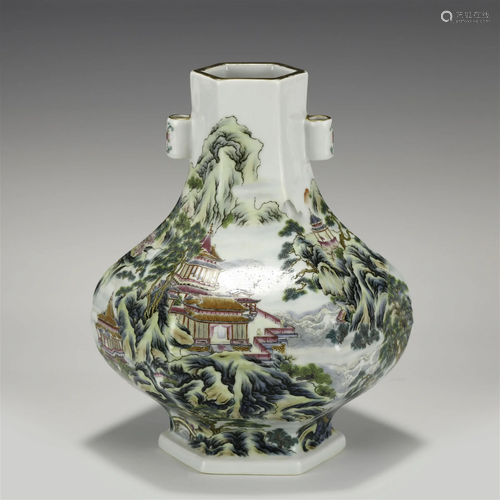 QING QIANLONG FAMILLE ROSE LANDSCAPE AMPHORA VASE