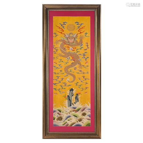 18/19TH C FRAMED IMPERIAL YELLOW DRAGON SILK KESI