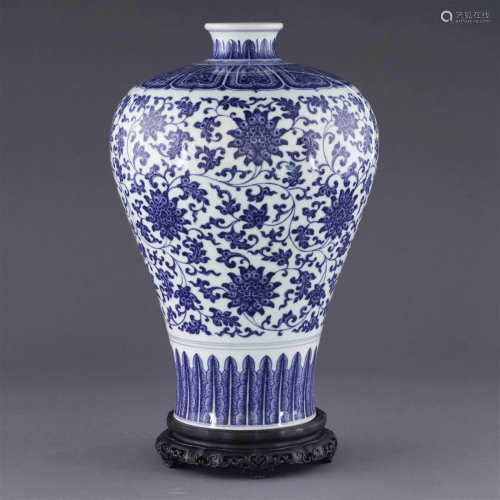 QIANLONG BLUE & WHITE WRAPPED FLORAL MEIPING JAR ON STAN...