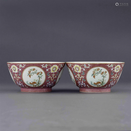 PAIR DAOGUANG OPEN FACE FLORAL RUBY RED BOWLS