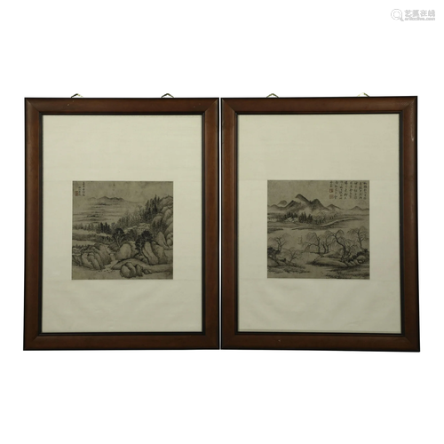 PAIR WANG HUI FRAMED LANDSCAPE PAINTING