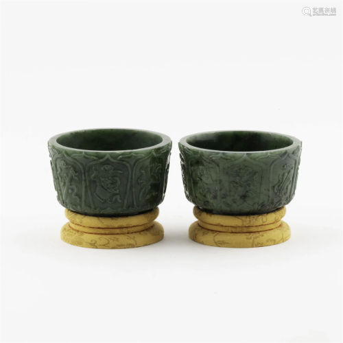 PAIR OF GREEN JADE CENSERS ON STAND