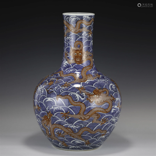 QING BLUE & WHITE ALUM RED DRAGON CELESTIAL VASE