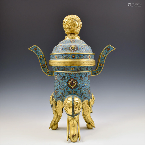 QING GILT BRONZE CLOISONNE TRIPOD CENSER