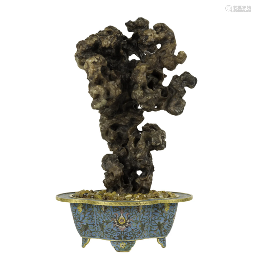 SCHOLARS STONE ON GILT BRONZE CLOISONNE PLANT POT