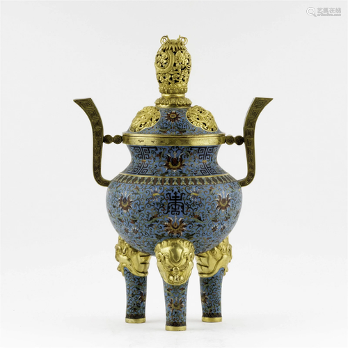 QING GILT BRONZE CLOISONNE COVERED TRIPOD CENSER