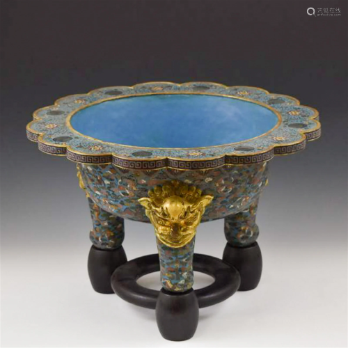 MASSIVE QING GILT BRONZE CLOISONNE TRIPOD BASIN ON