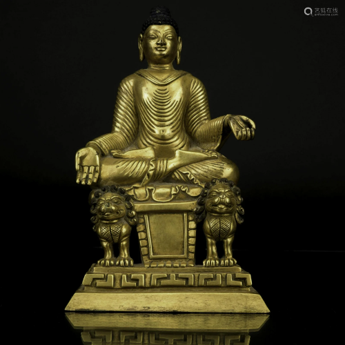 GILT BRONZE SANDALWOOD BUDDHA ON LION PEDESTAL