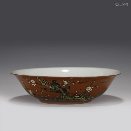 QING GUANGXU FAMILLE ROSE RED GROUND SHALLOW BOWL