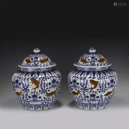 PAIR JIAJING BLUE & WHITE ALUM RED FISH LIDDED JARS