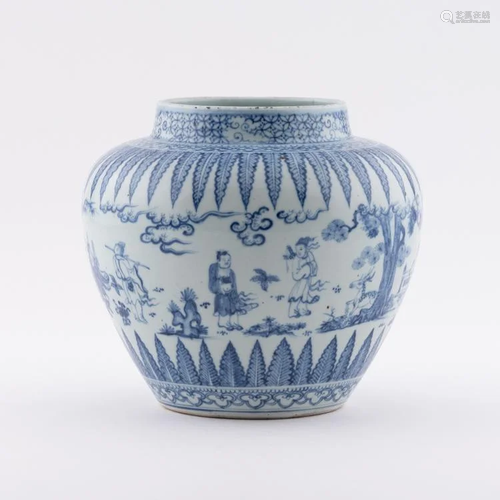 MING BLUE & WHITE FIGURINAL PORCELAIN JAR