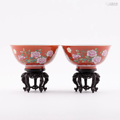 PR. KANGXI FAMILLE ROSE FLORAL ON RED GROUND PORCELAIN BOWLS...