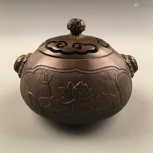 Chinese Bronze 'Lotus' Censor, Double Lion Handle