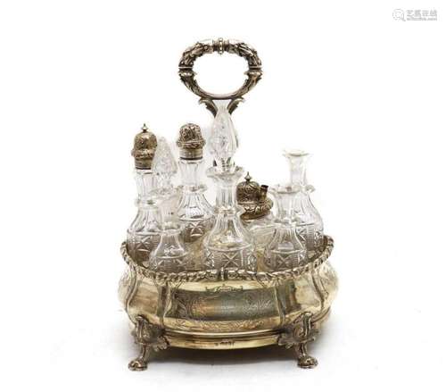 A Victorian silver seven-bottle cruet stand