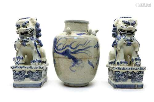 A pair of Chinese blue and white Buddhist lions,