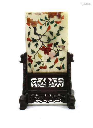 A small Chinese inlaid hardstone table screen