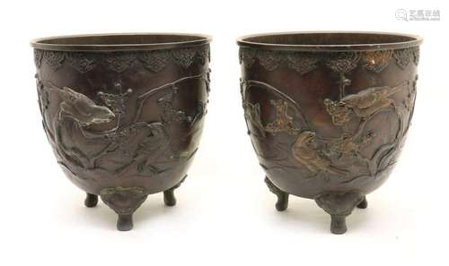 A pair of Japanese plum bronze jardinieres