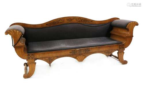 A Biedermeier burr maple and rosewood inlaid settee,