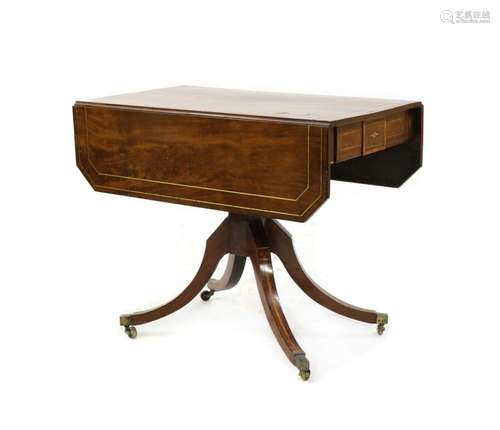 A Regency mahogany and line inlaid pedestal Pembroke table,