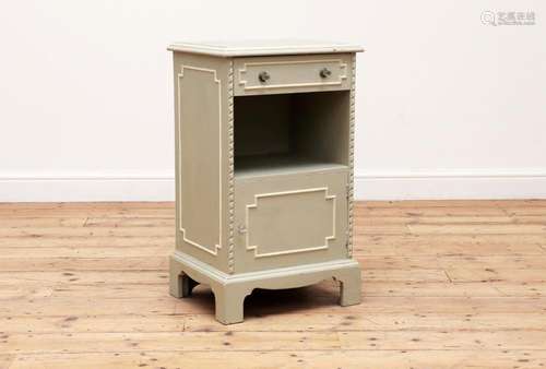 A grey painted bedside cabinet with mirror top,