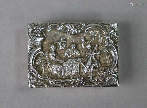 A silver rectangular pill box with scene of an 18th century ...