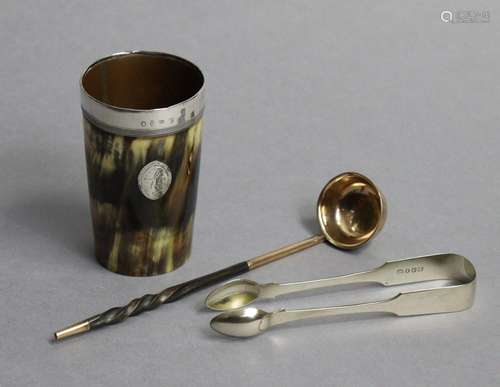 A George III horn beaker with silver-mounted rim & monog...