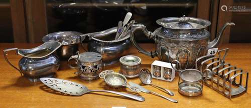 A silver-plated drum mustard pot, sugar basin & milk jug...