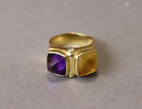 A heavy 18K ring set pyramidal amethyst & citrine, two s...